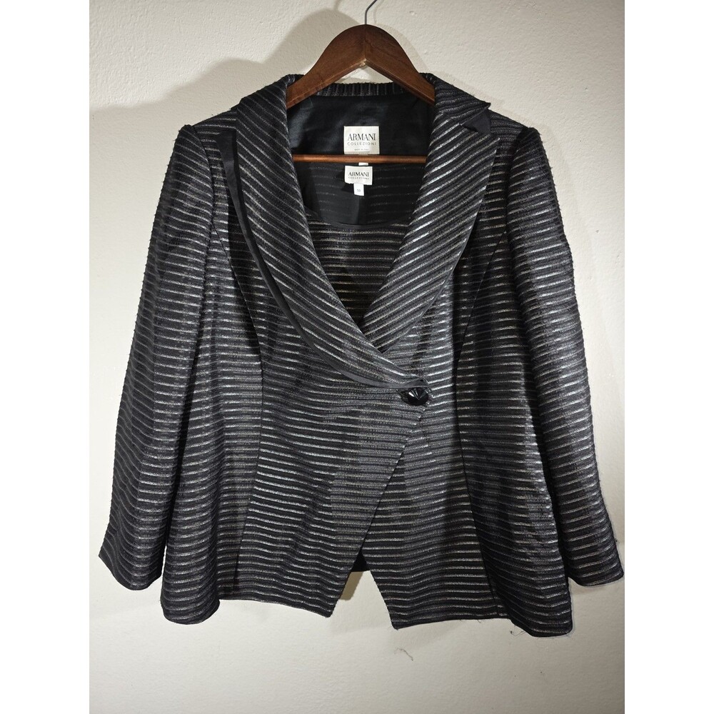 Armani Collezioni Houndstooth Ring-Tie Virgin Wool Blazer Women 50 Black Gray